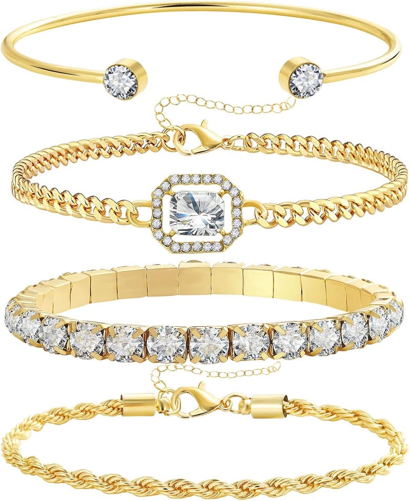 17IF 4 Pcs Dainty Gold Silver Bracelets Set for Women 14K Plated Link Cubic Zirconia Paperclip Stake Layering Chain Adjustable Trendy Hand Jewelry - Image 1